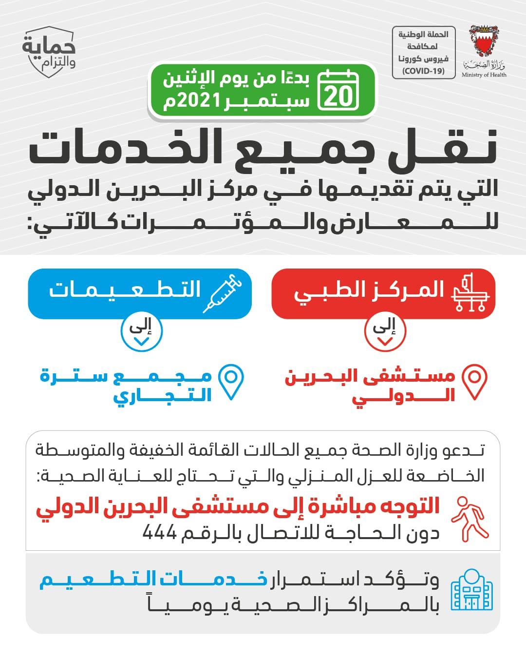 الصحة: نقل جميع الخدمات التي يتم تقديمها في مركز البحرين الدولي للمعارض والمؤتمرات إلى مستشفى البحرين الدولي ومجمع سترة بدءاً من يوم الاثنين 20 سبتمبر 2021م