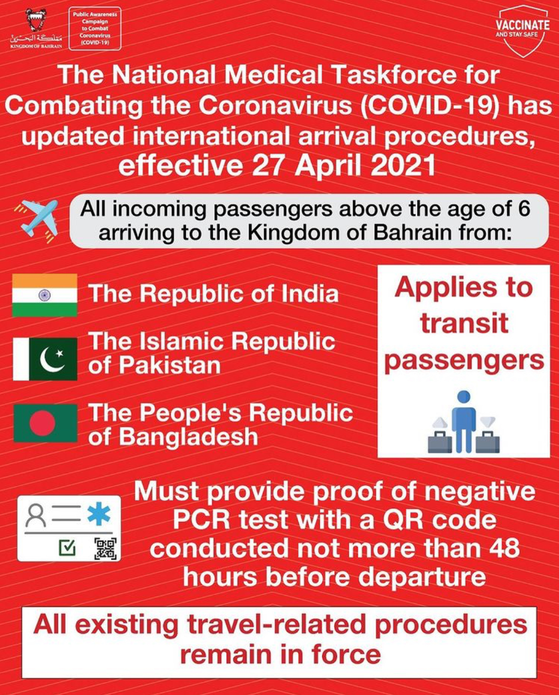 The National Medical Taskforce for Combating the Coronavirus (COVID-19) issues updated arrival procedures for passengers from India, Pakistan, and Bangladesh effective 27 April 2021
