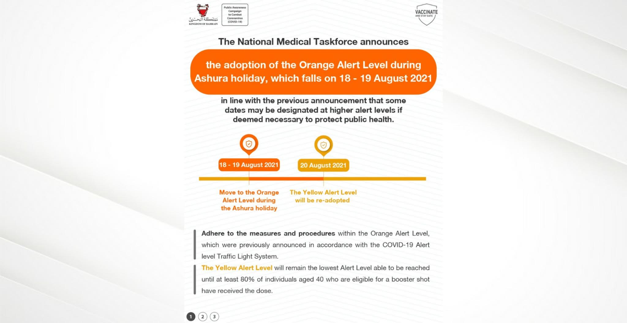 The National Medical Taskforce announces the adoption of the Orange Alert Level during Ashura