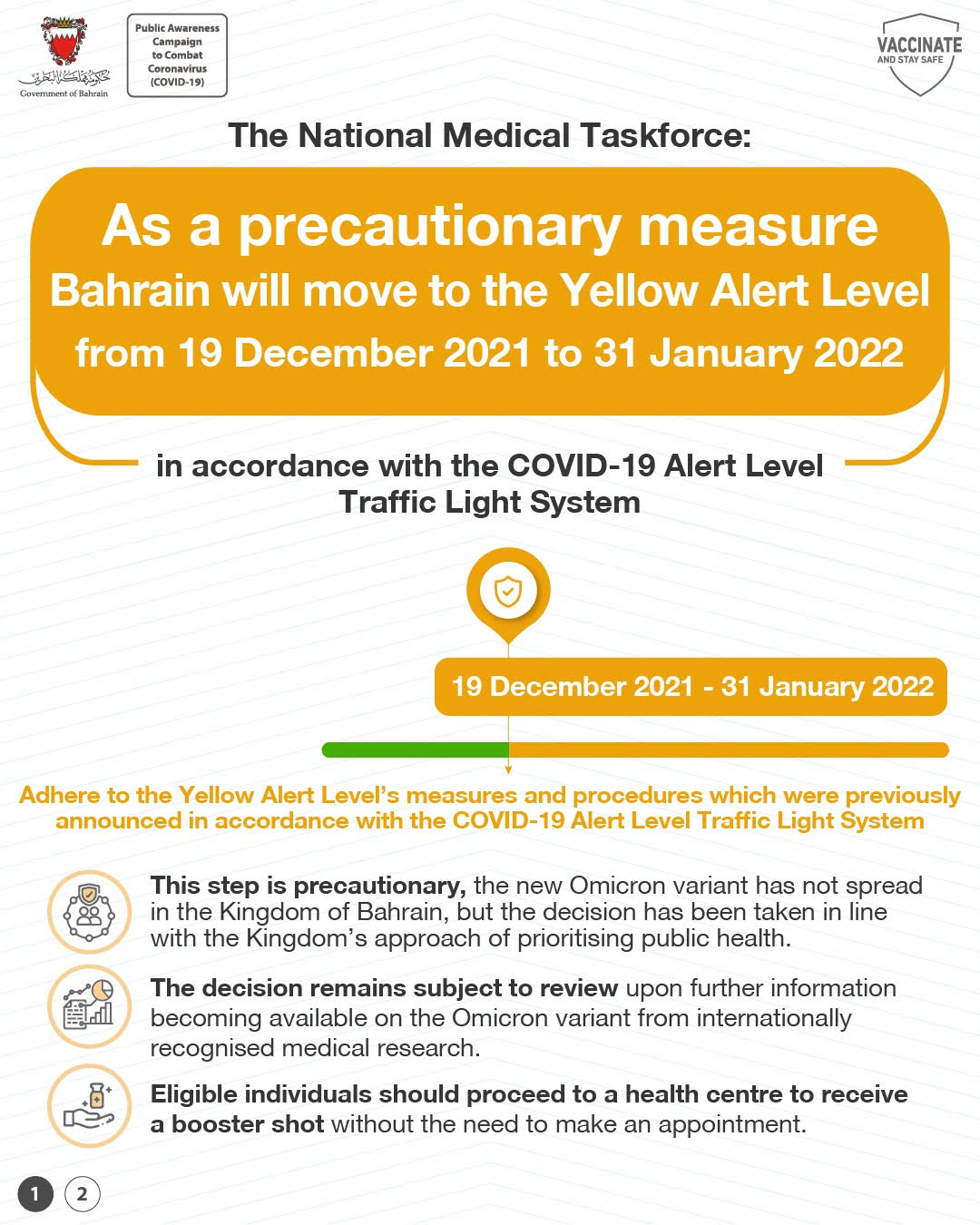 Bahrain will move to the Yellow Alert Level, as a precautionary measure, from 19 December 2021 to 31 January 2022