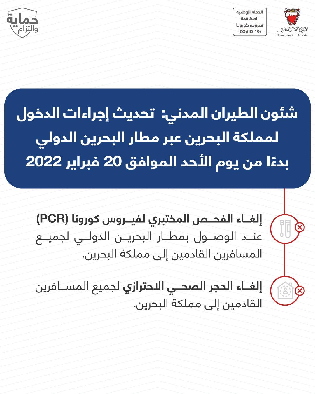 شئون الطيران المدني: إلغاء الفحص المختبري لفيروس كورونا (PCR) عند الوصول بمطار البحرين الدولي وإلغاء الحجر الصحي الاحترازي لجميع المسافرين القادمين إلى مملكة البحرين عبر مطار البحرين الدولي