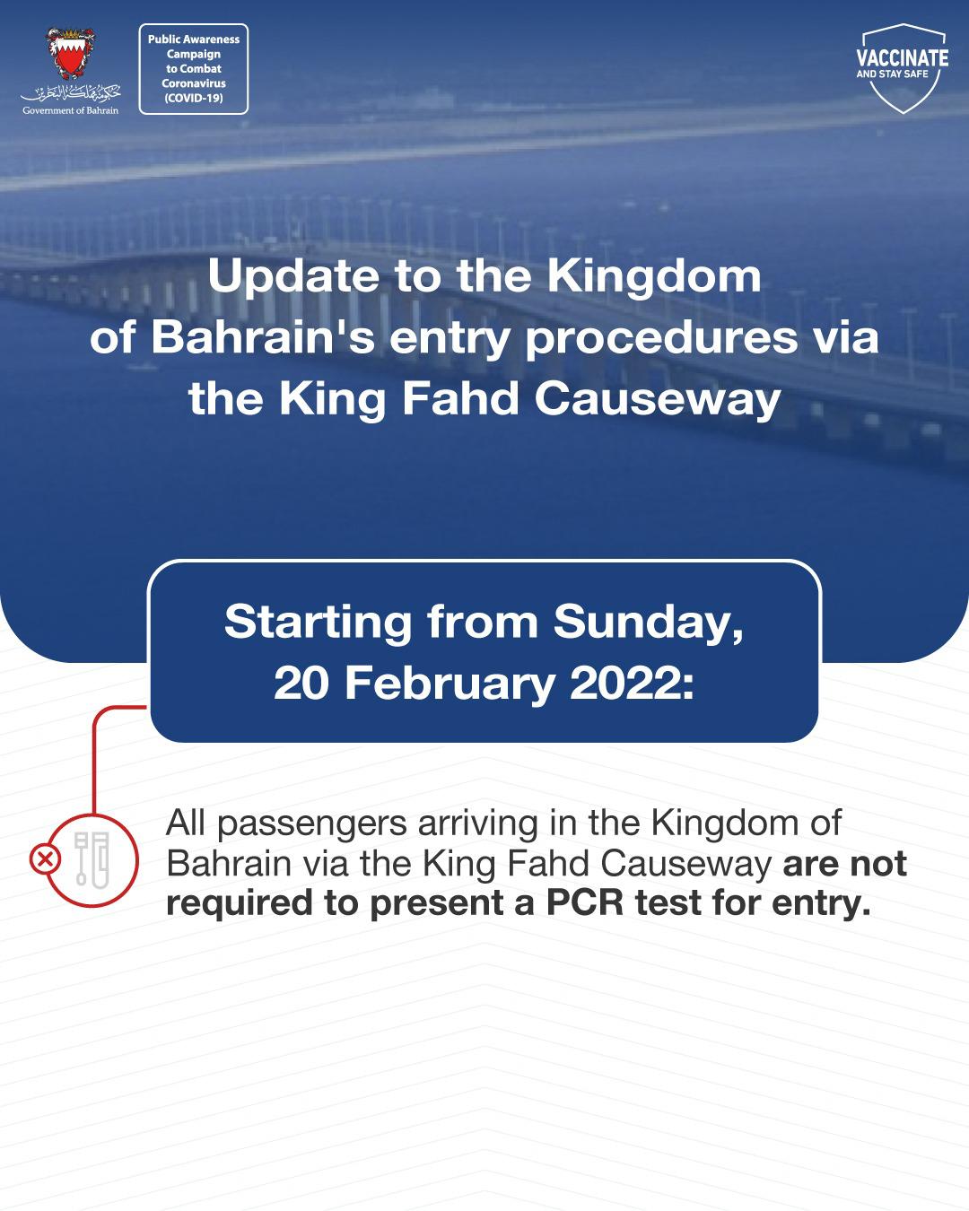 Update to the Kingdom of Bahrain's entry procedures via the King Fahd Causeway